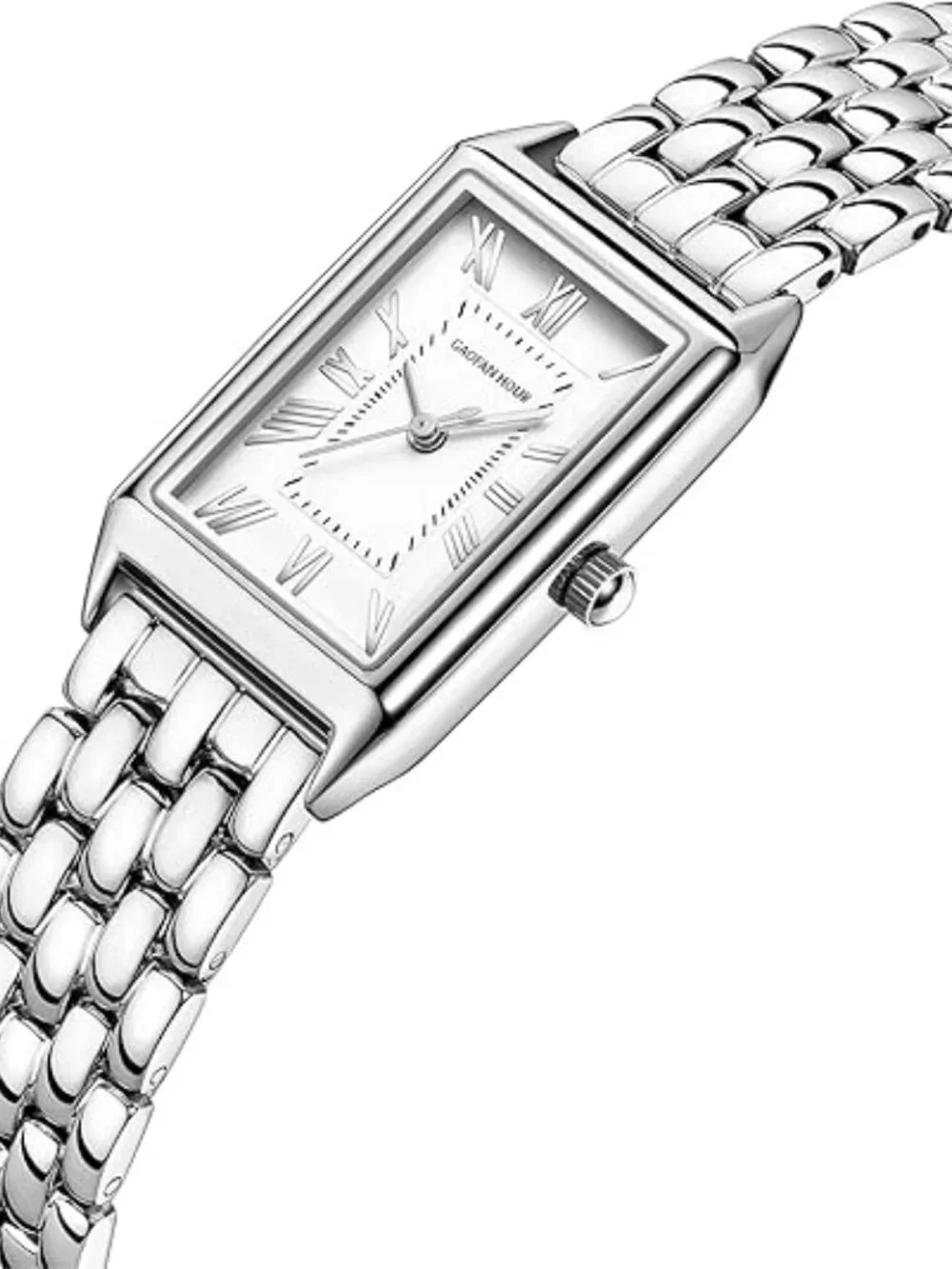 Gold Watches for Women with Vintage Rectangular Case,White Roman Dial,Stainless